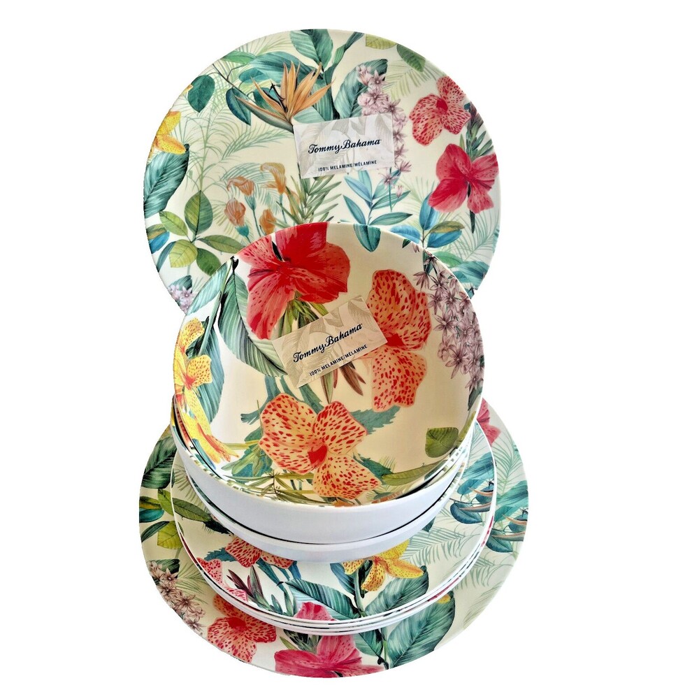 Tommy Bahama Set of 12 Floral Hibiscus Melamine Dinner Salad Plates Bowls 4 Ea.